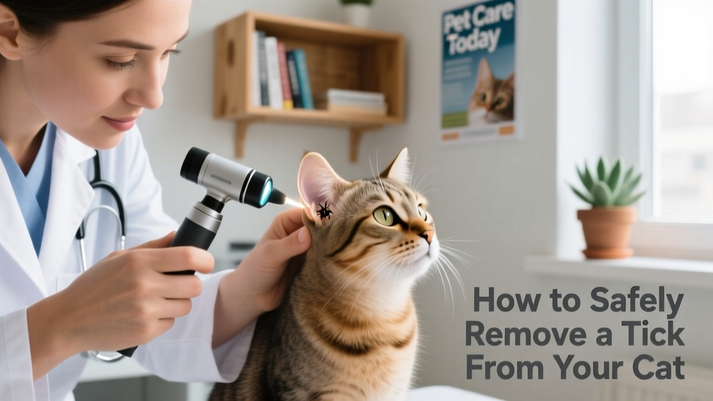Veterinarian gently examining a cat's ear with an otoscope, checking for ticks