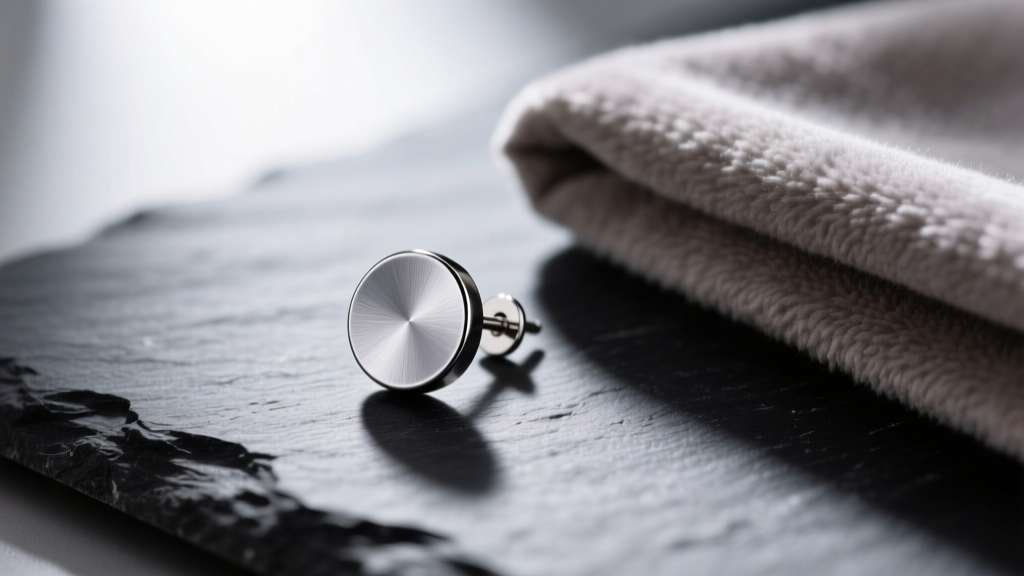 Macro shot of an 18-gauge implant-grade titanium flat back circle stud earring resting on dark slate next to a soft microfiber cloth