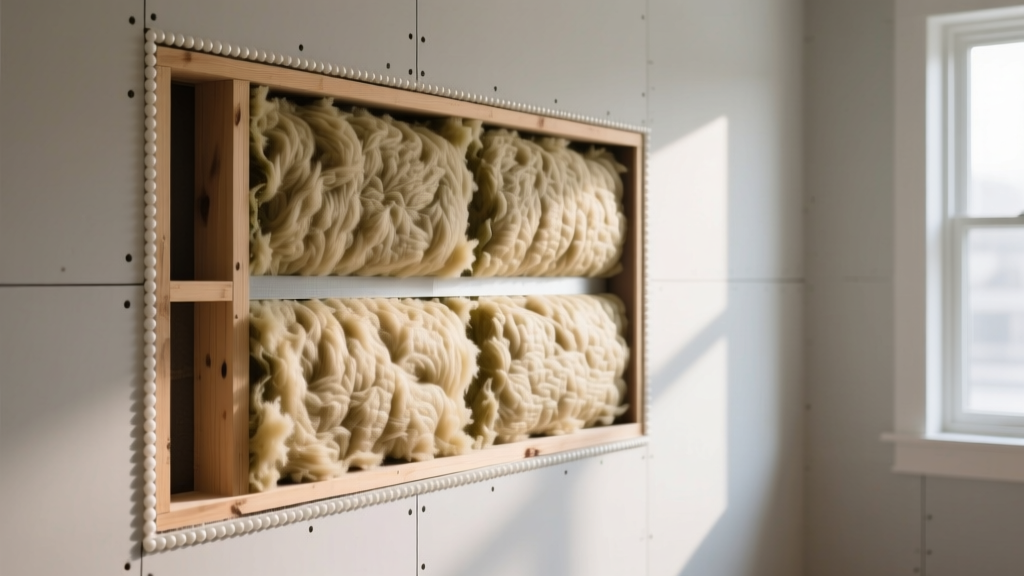 Cross-section of a framed interior wall showing dense mineral wool batts and acoustic sealant applied around the perimeter edges