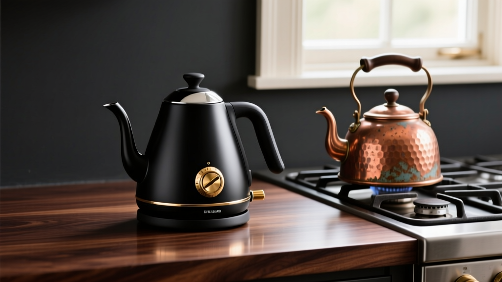 Matte black smart electric kettle with brass mechanical dial next to a tarnished 1920s copper stovetop kettle on dark walnut