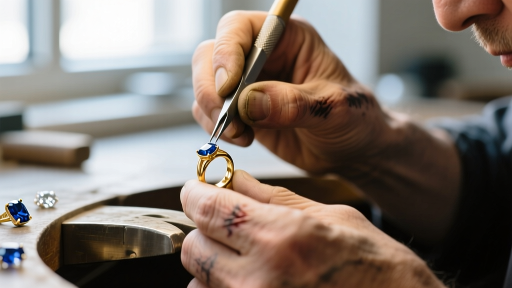 Close-up macro shot of a jeweler's hands knotting white silk thread between two 8mm round freshwater pearls using a fine awl tool.