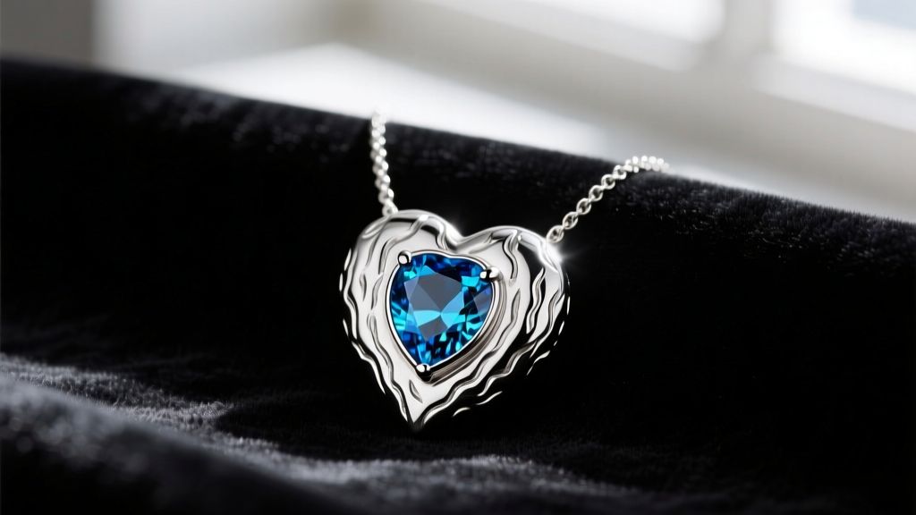 Sterling silver Judith Ripka heart necklace with signature bark texture and a bezel-set blue topaz resting on dark velvet fabric.