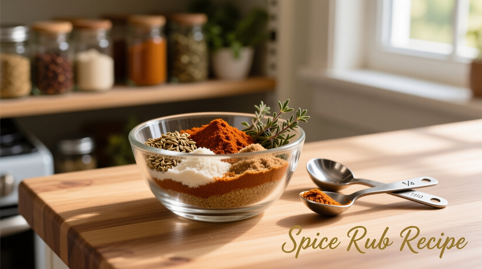 Homemade spice rub mixture in glass bowl with measuring spoons
