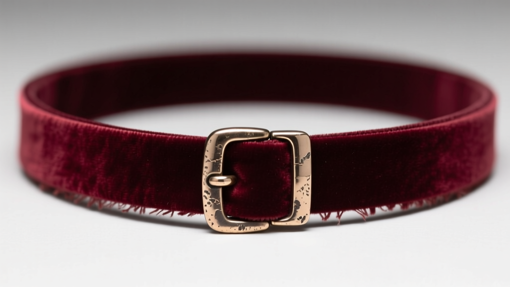 Macro shot of a burgundy velvet ribbon choker with a tarnished zinc-alloy clasp, showing slight fraying on the fabric edge.