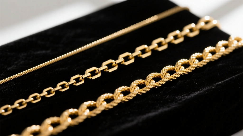 Macro shot of three gold chain styles: a 1mm cable chain, a 1.2mm box chain, and a 1.5mm rope chain laid out on dark black velvet