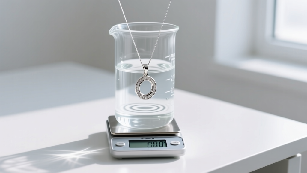 Digital scale displaying a suspended silver pendant in a beaker of water for a specific gravity test against a clean white desk