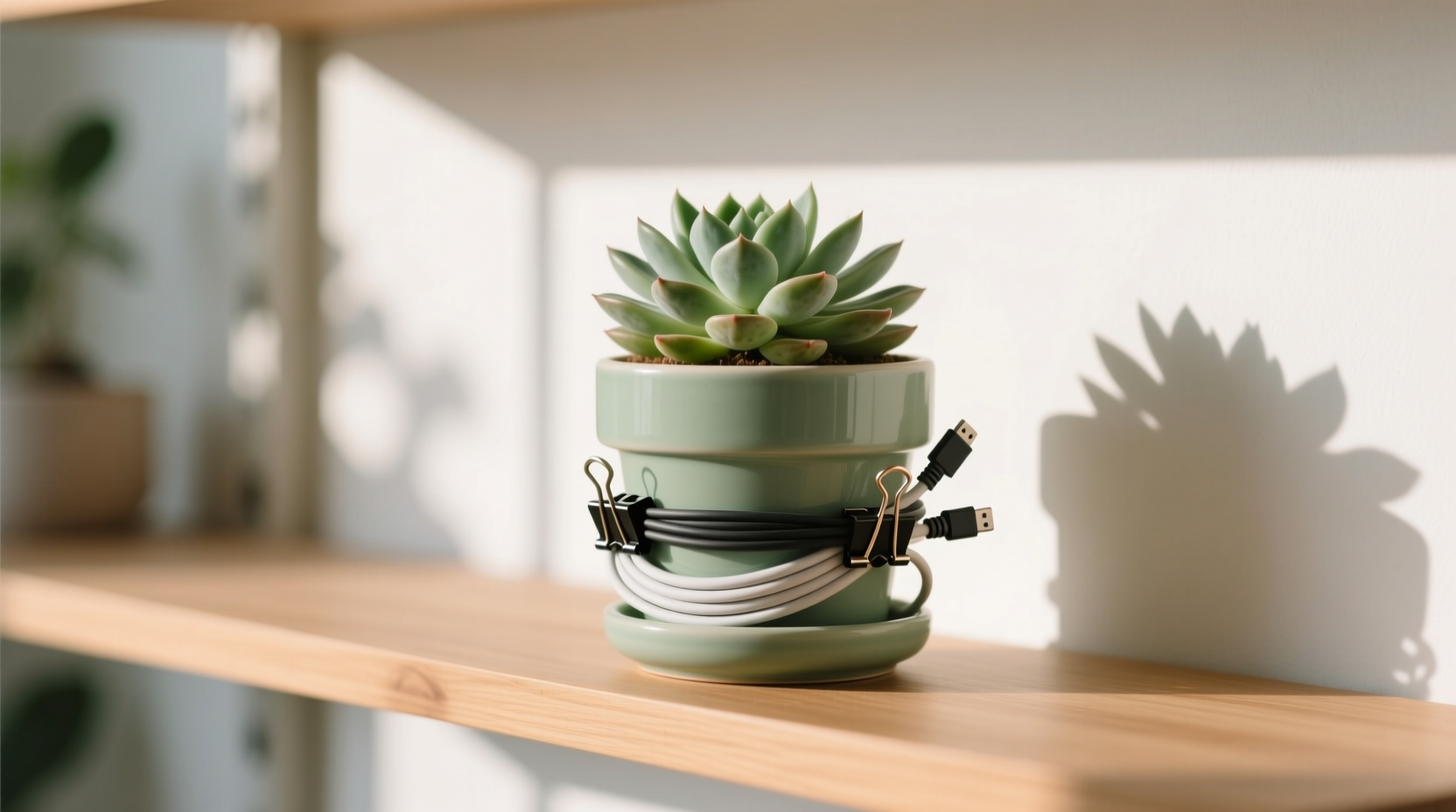 use a flower pot to tame your cable clutter