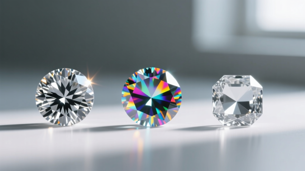 Macro photo comparing three loose gemstones side-by-side: a round brilliant diamond, a moissanite stone, and a cubic zirconia.