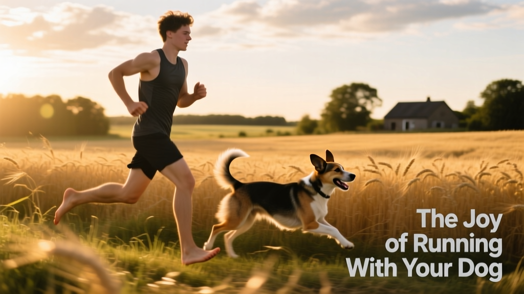 A person jogging through a sun-dappled field with their dog running happily beside them