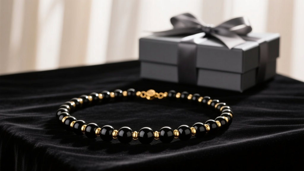 Flat lay of a 4mm black onyx and 14k gold bead necklace on dark velvet, moody lighting, luxury gift box visible in the background.