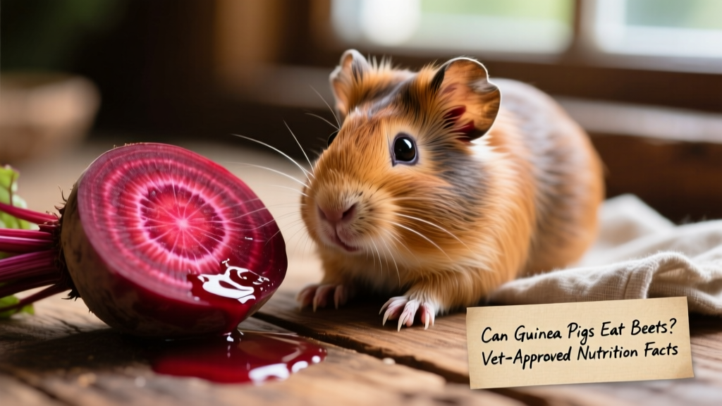 Close-up of sliced raw beet showing vibrant red color and texture, placed beside a guinea pig’s front paws
