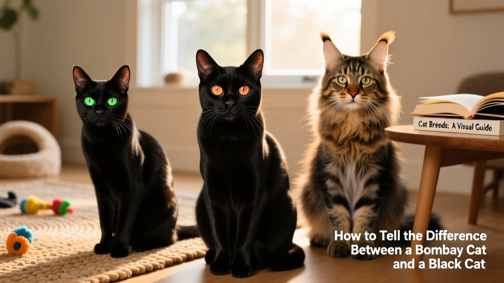 Three black cats side by side: a Bombay with copper eyes and compact build, a domestic shorthair with green eyes and lean frame, and a Maine Coon mix with long fur and tufted ears