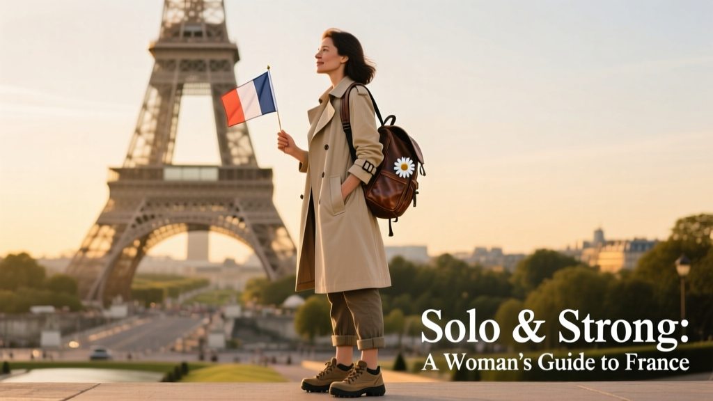 A solo female traveler in Paris holding a French flag with the Eiffel Tower in the background