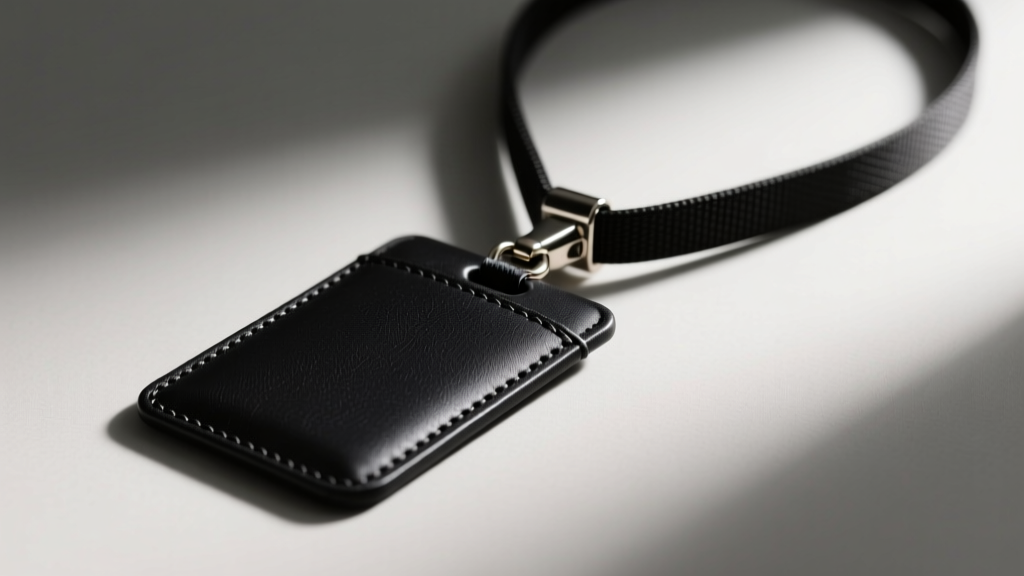 Close-up of a black nylon ID holder necklace