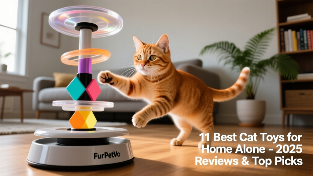 A ginger tabby cat interacting with the FurPetVo Rotating Toy Tower, pawing at spinning elements