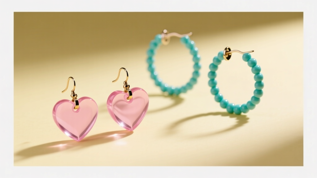 Pink acrylic heart earrings and turquoise beaded hoops on a pastel yellow background, soft diffused studio lighting, sharp focus