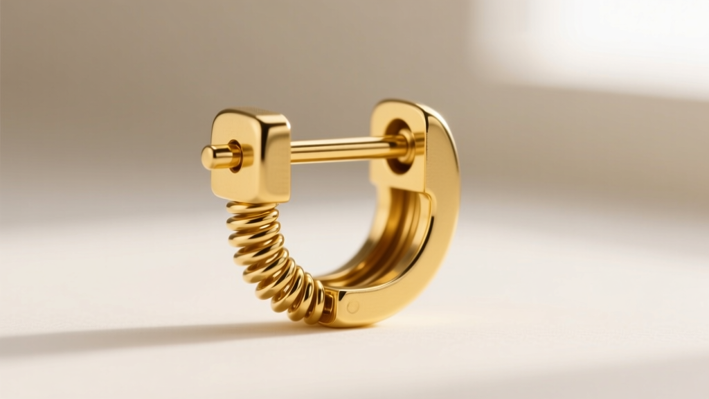 Macro shot of an 18k yellow gold La Pousette locking earring back mechanism, showing the spring-loaded clutch on a 20-gauge post
