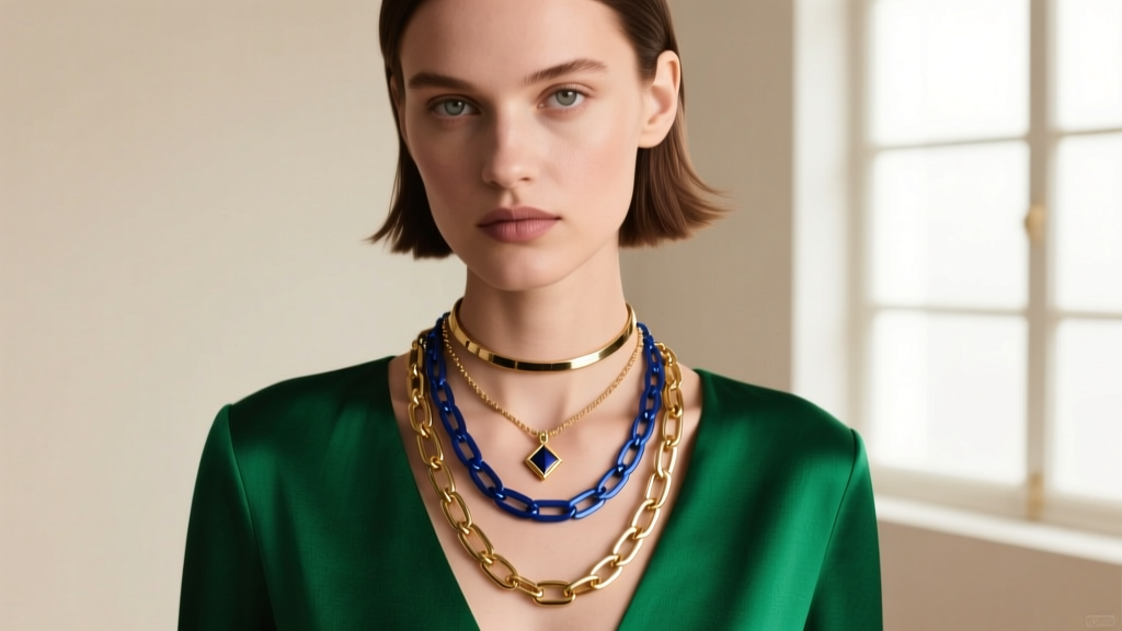 Fashion editorial shot showing a layered necklace cascade with a 16-inch choker, an 18-inch pendant, and a 20-inch paperclip chain