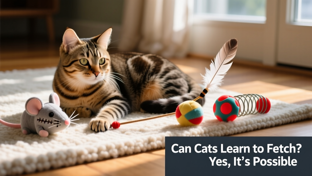 A relaxed cat curled beside a small collection of toys—including a plush mouse, a feather wand, and a springy ball—on a sunlit rug