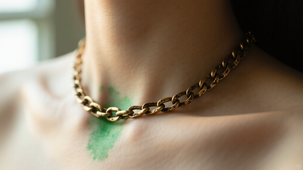 Close up of a collarbone showing a faint green stain under a tarnished brass chain necklace in soft natural window lighting