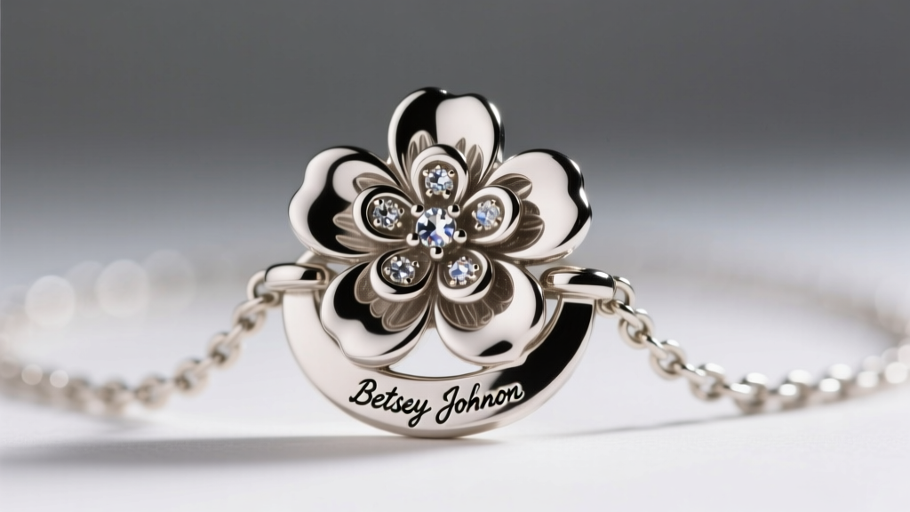 Macro shot of a vintage 1990s Betsey Johnson flower necklace clasp and extender chain showing rhodium plating and brand stamp.