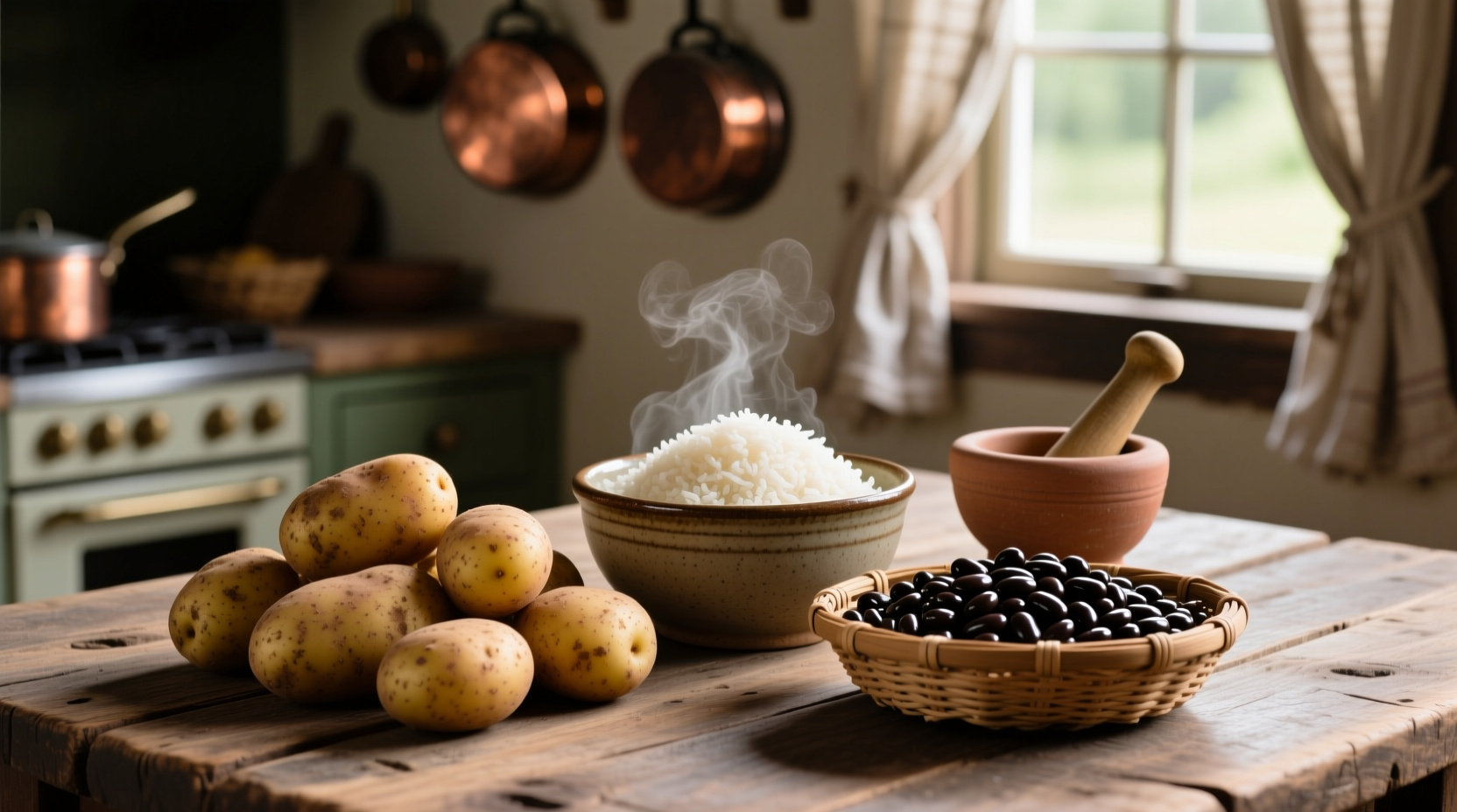 Variety of starchy foods including potatoes, rice, and beans