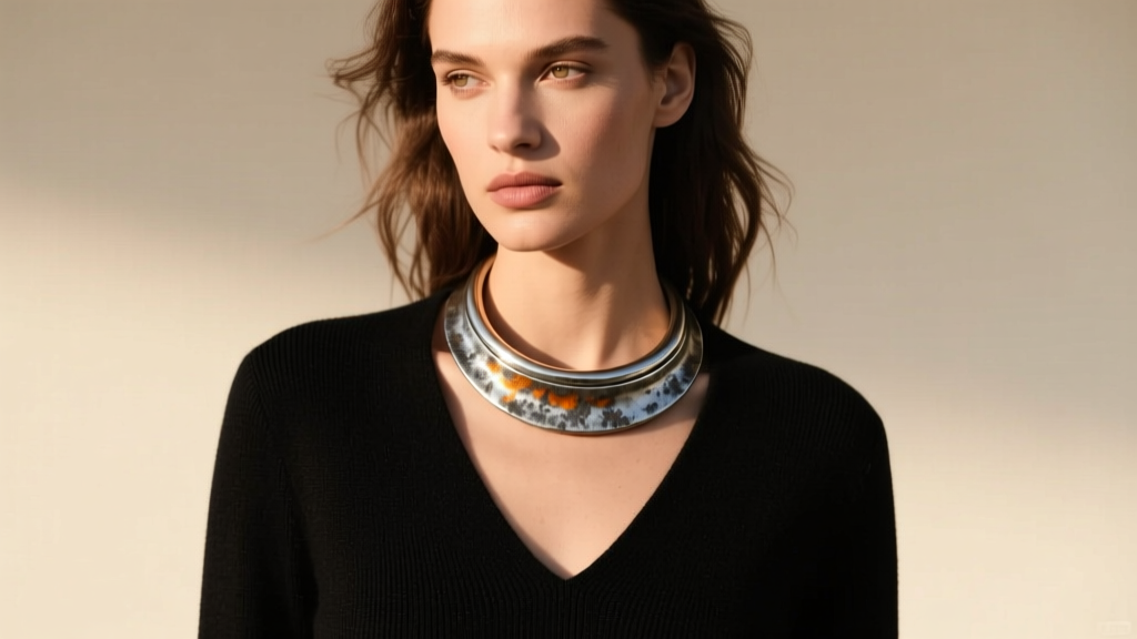 Model wearing a chunky oxidized silver collar necklace over a black V-neck cashmere sweater, highlighting contrast and neckline fit