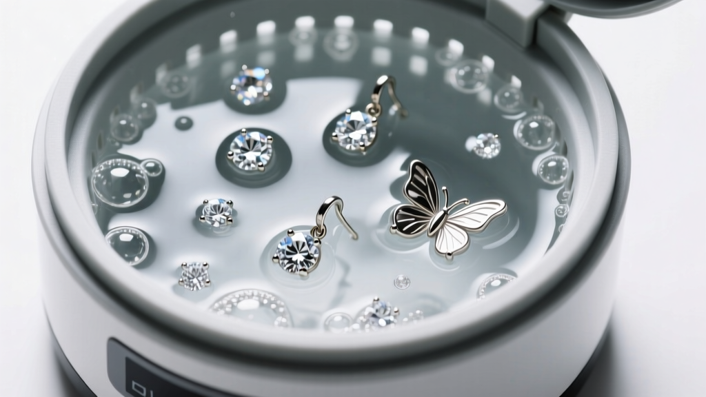 Top-down view of an ultrasonic cleaner basket holding diamond studs and loose titanium butterfly earring backings in soapy water.
