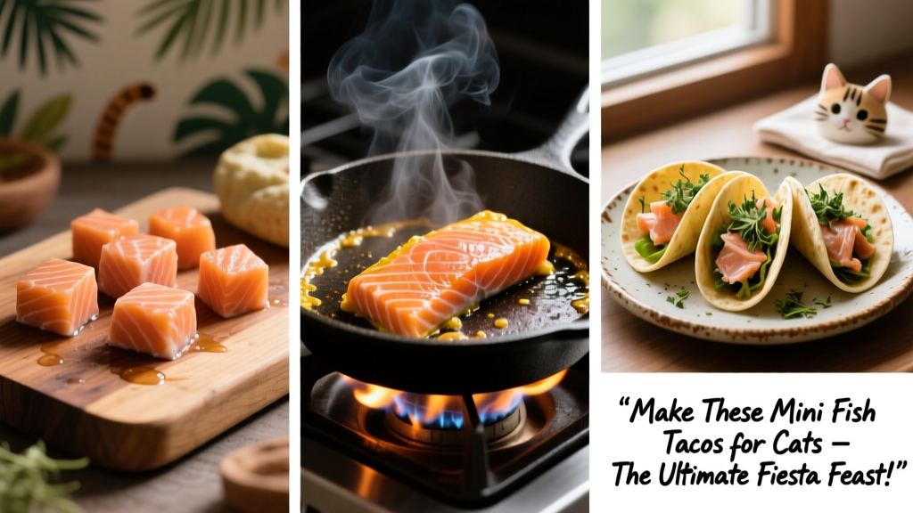 Step-by-step collage: raw salmon cubes, salmon sizzling in a pan, and finished mini tacos topped with catnip