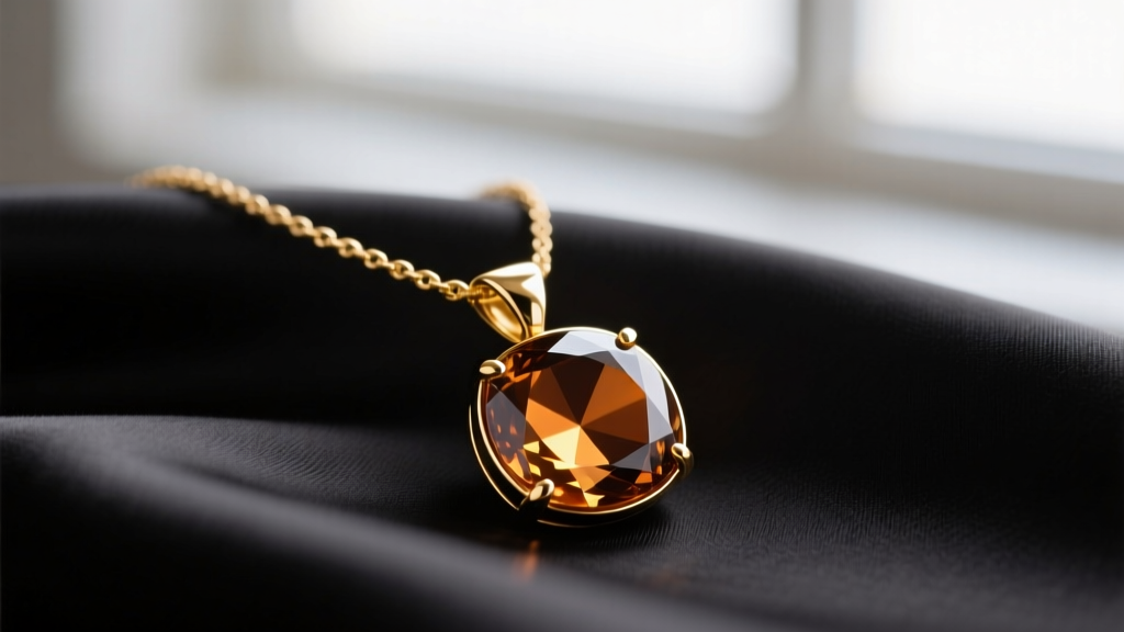 Close-up of an 18k gold vermeil necklace with a luminous brown cat-eye chrysoberyl gemstone pendant resting on dark silk fabric