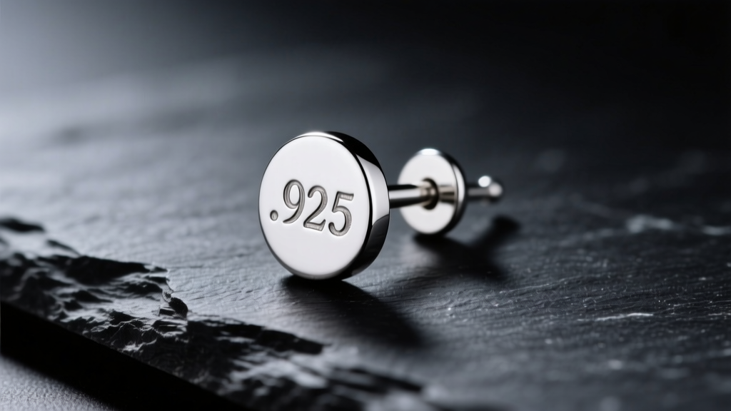 Macro shot of a .925 sterling silver earring post with hallmark, resting on dark slate under soft directional studio lighting