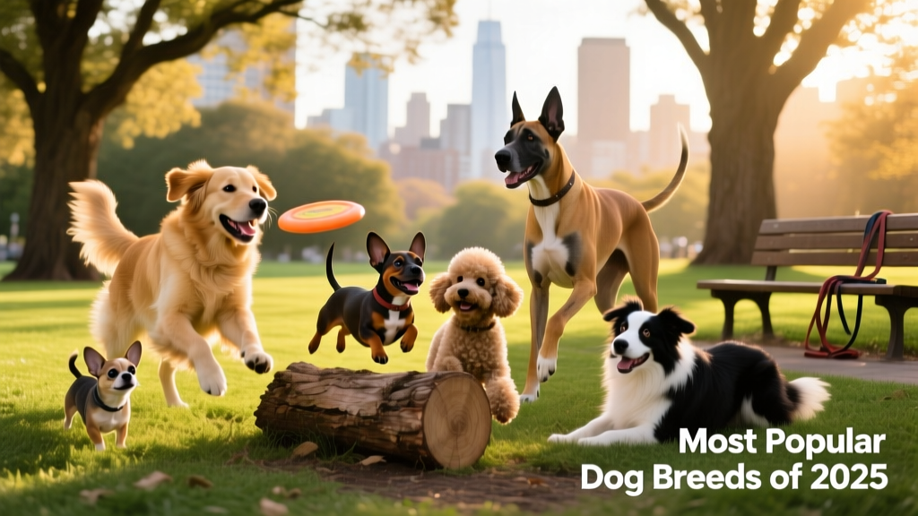 A diverse group of happy, healthy dogs of various breeds and sizes playing together in a sunlit park