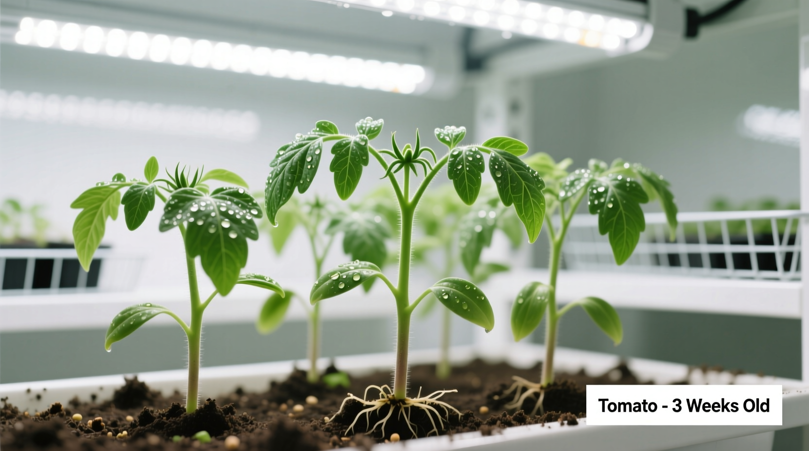 Healthy tomato seedlings growing under grow lights