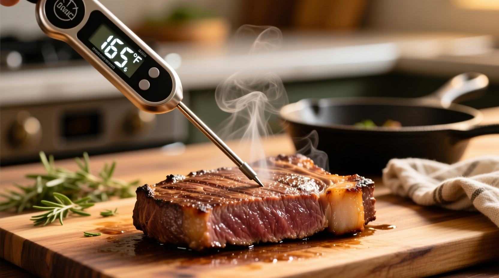 Food thermometer checking cooked meat temperature