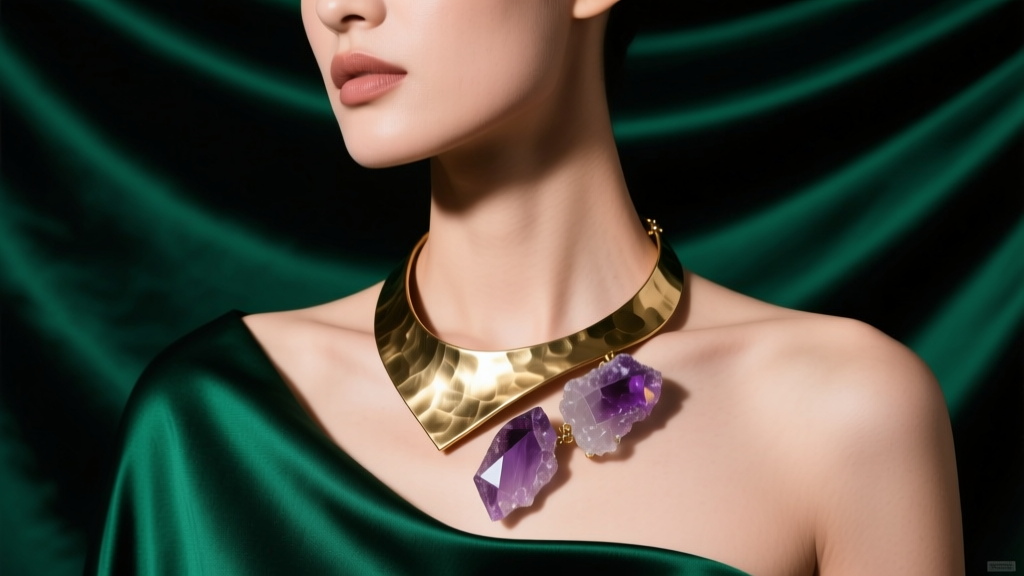 Model wearing a large asymmetrical hammered brass and raw amethyst statement necklace against dark emerald silk, studio lighting.