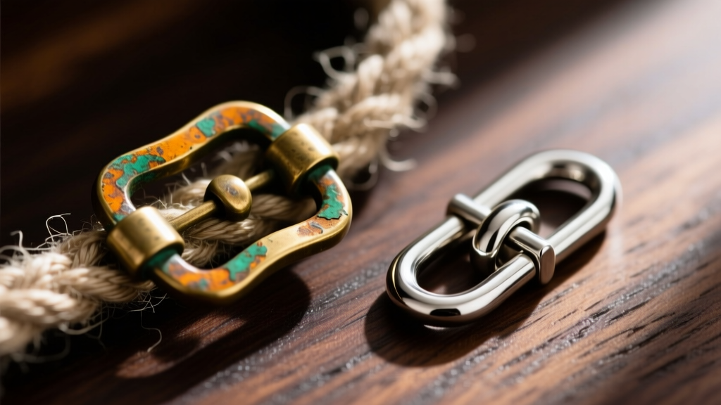 Macro view of a tarnished brass clasp on frayed nylon thread beside a secure sterling silver toggle clasp on a dark wood surface.