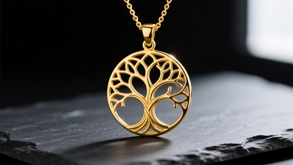 Close-up of a 14k yellow gold tree of life necklace pendant with intricate branch cutouts resting on dark slate, soft lighting.