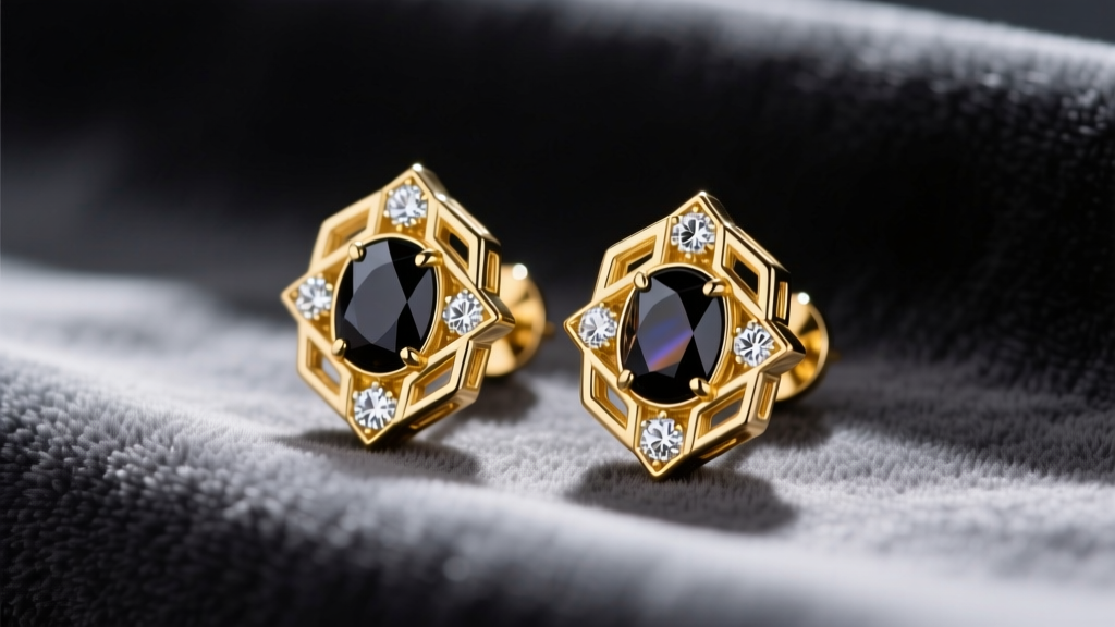 Close-up of 14k yellow gold art deco stud earrings featuring geometric onyx and diamond inlays resting on dark grey velvet fabric.