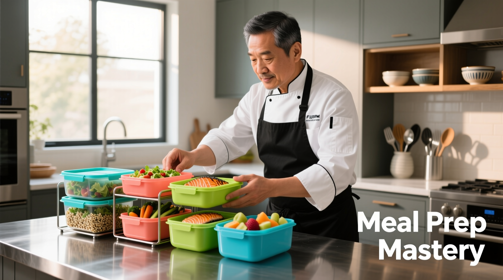 Chef organizing colorful meal prep containers