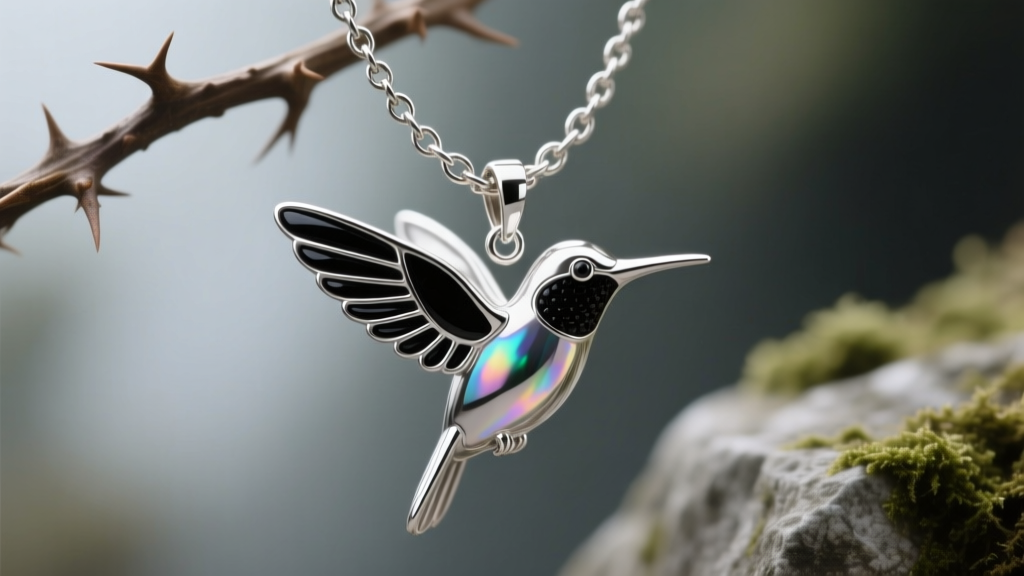 Macro photograph of a small silver hummingbird pendant with black onyx wings, hanging from a delicate briar and thorn chain.