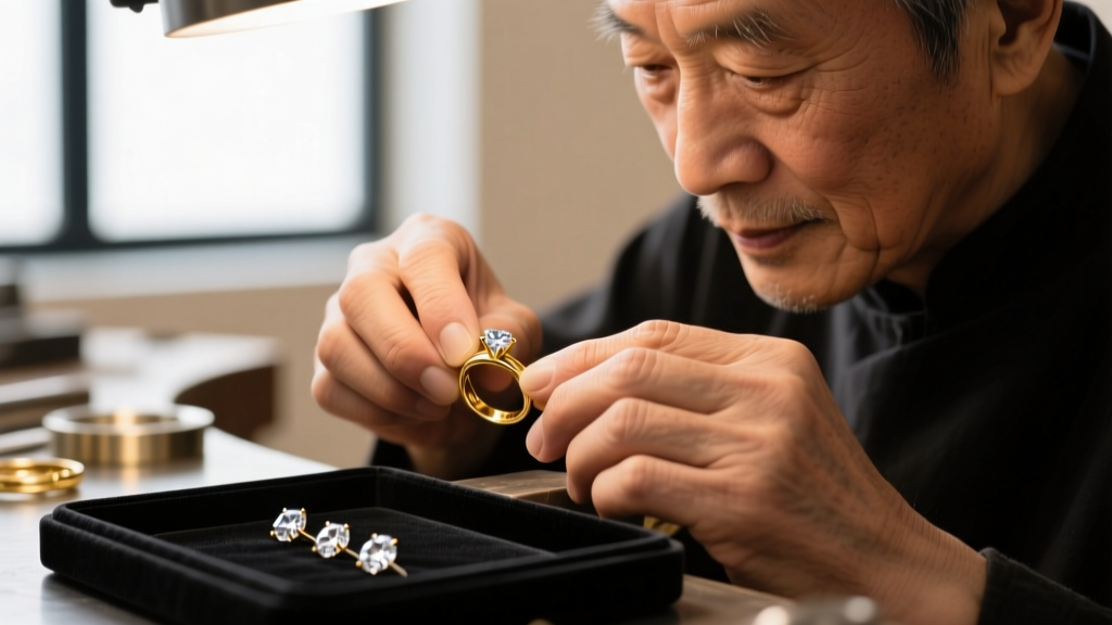 Close-up of a jeweler's loupe inspecting the tension screw on a vintage silver omega-back earring, with a soft cotton swab nearby.
