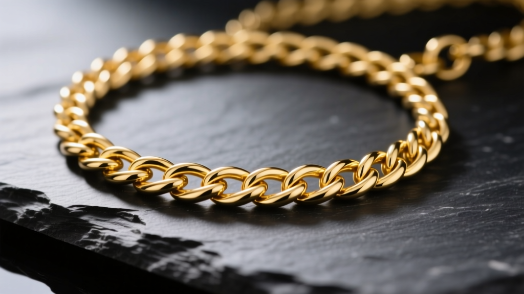 Close-up of a delicate 18k yellow gold rope chain draped over dark slate, with soft lighting highlighting the intricate metal links
