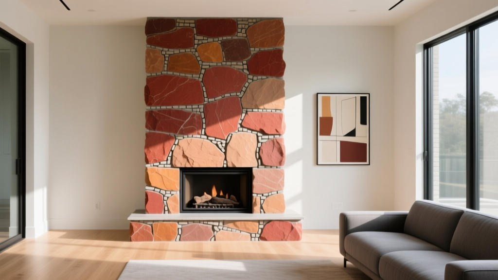 Textured manufactured stone veneer fireplace surround in a modern living room, featuring warm earth tones and detailed mortar joints