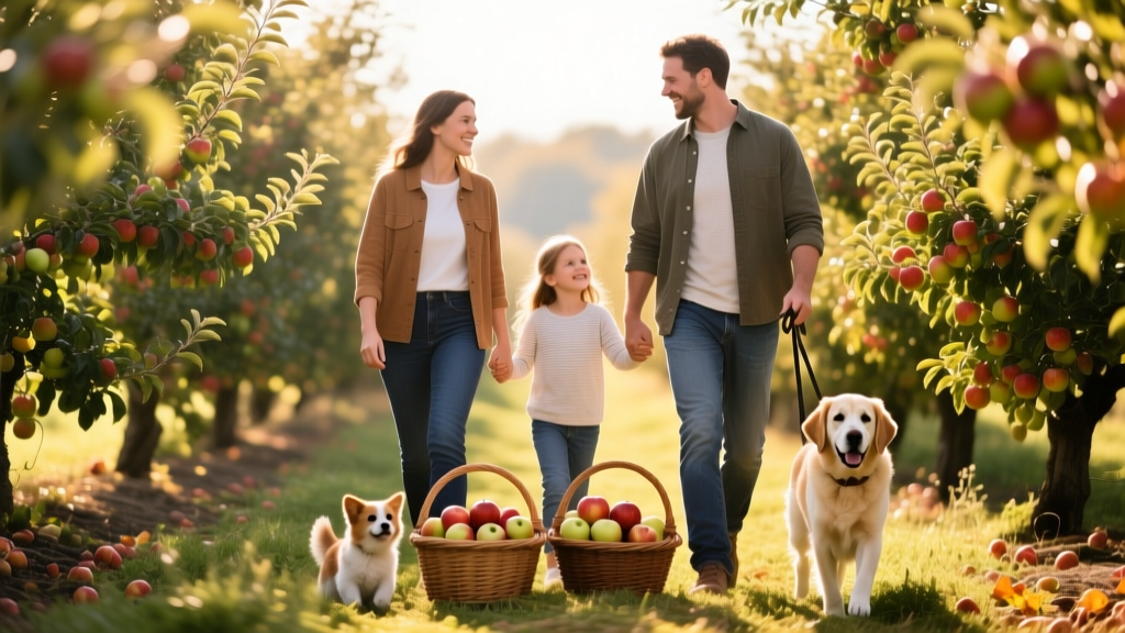 A family walking through a sun-dappled orchard with their leashed dog, baskets of apples at their feet