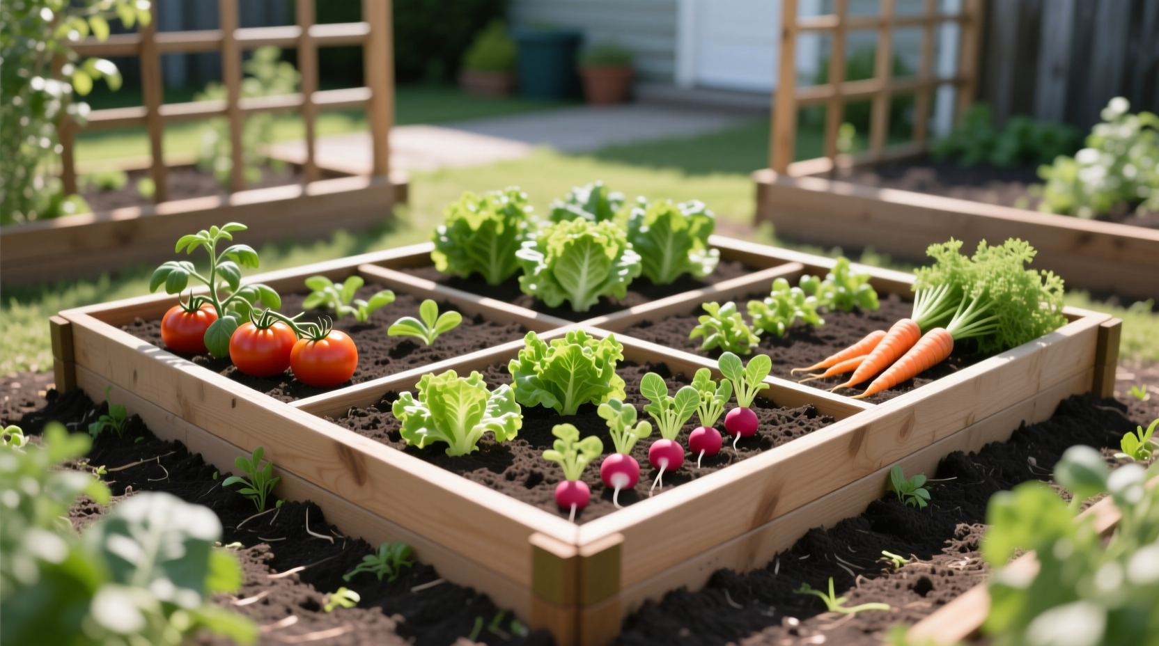 Spring 2024 beginner's 4x4 raised bed showing reachable plant placement - critical for avoiding soil compaction during harvest