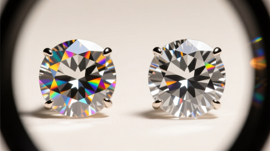 Side-by-side view of natural and lab-grown diamond earrings under a loupe, showing identical facet patterns and brilliance