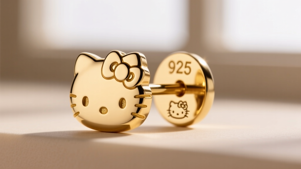 Macro photo of a stamped 925 hallmark and tiny Sanrio copyright logo on the back of a gold vermeil Hello Kitty earring post.
