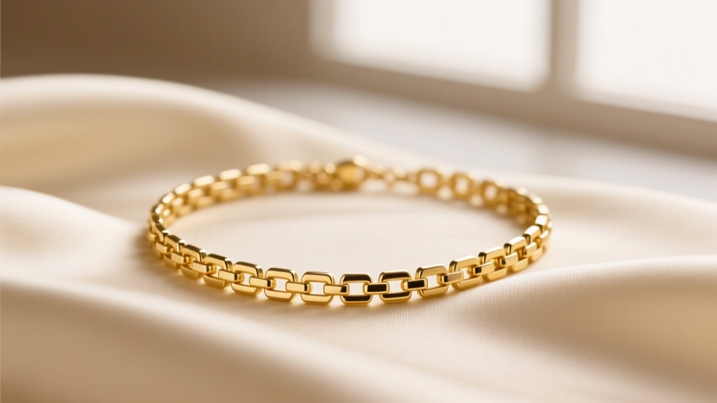 Close-up of a 2mm 14k yellow gold box chain necklace resting on cream silk, soft studio lighting highlighting the square links.