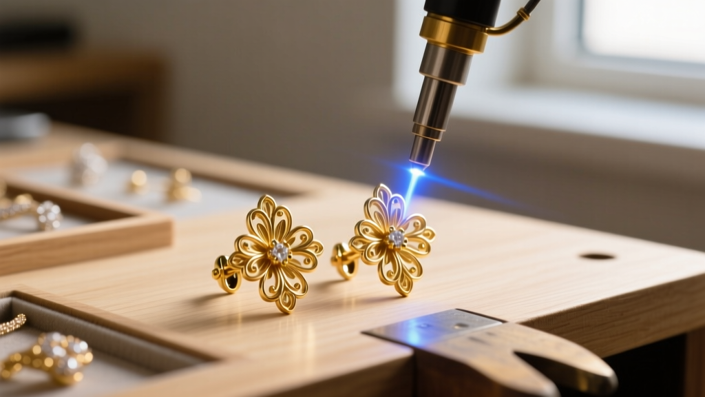 Vintage gold floral clip-on earrings on a jeweler bench being converted to pierced posts using precision laser soldering tools