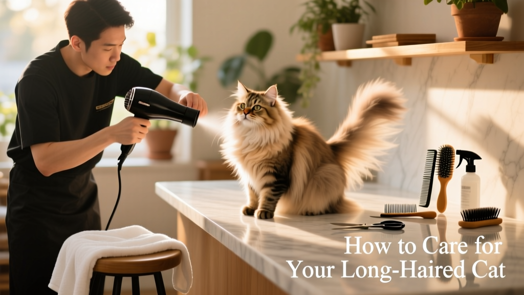 A professional groomer carefully blow-drying a long-haired cat using a high-velocity dryer, with a clean towel draped nearby and grooming tools neatly arranged on a counter